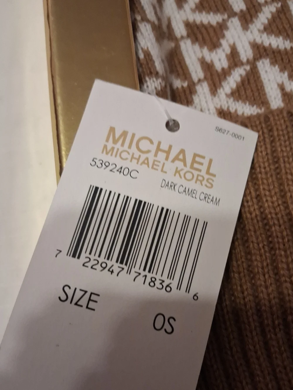 Michael Kors Tan and White MK Logo Knit Hat, Scarf & Gloves Set